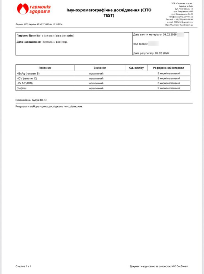 Translation: HIV, hepatitis, syphilis negative